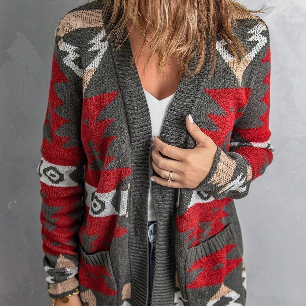 Multicolor Casual Womens Geo Pattern Dual Pocket Open Front Cardigan - Picture 2 of 5